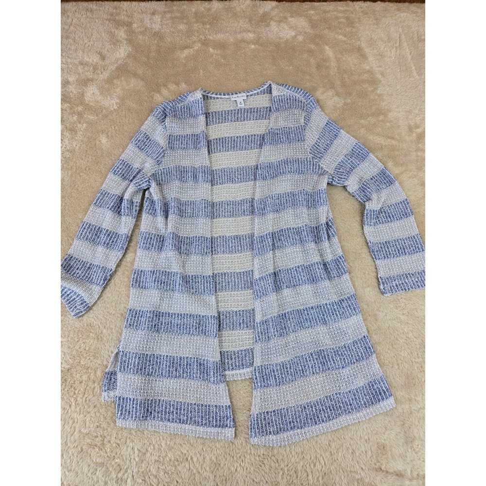 Kim Rogers Blue White Striped Open Front Cardigan Sweater Womens Med Side Slit‎